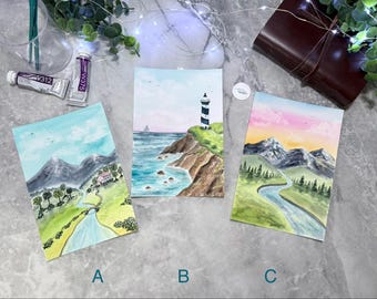 One ORIGINAL Hand-Painted Watercolor Artwork | Calm Ocean Beach Lake Mountain River Landscape Painting