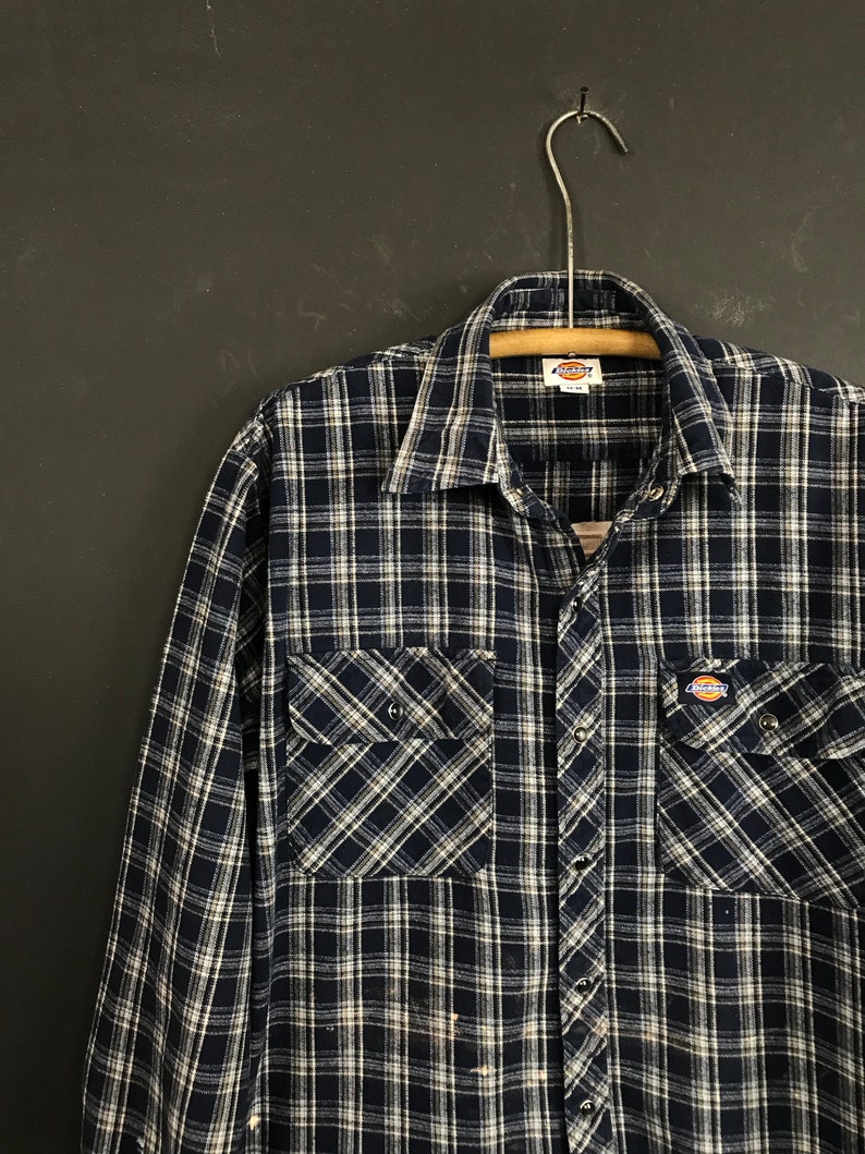 Upcyled vintage embroidered flannel medium Dickies blue