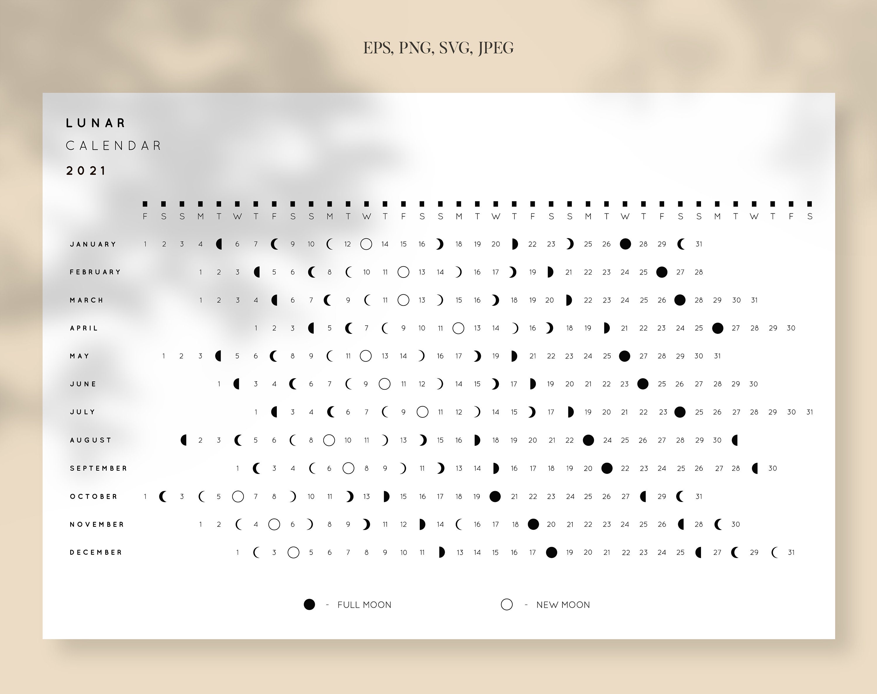 Lunar Calendar Moon Phases Calendar Digital Images Svg Etsy