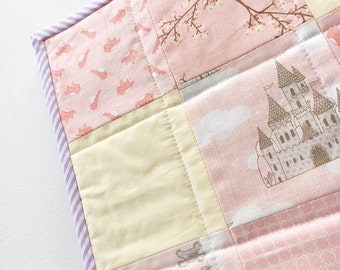 Patchwork Cot Bed Quilt - Peach Lemon and Lilac - Castles and Birds