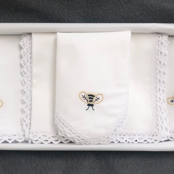 Gift Box of 5 Beautiful 100% Cotton Ladies Handkerchiefs with Fine Crochet Borders -  3 Bee Design Embroidered and 2 Plain Handkerchiefs