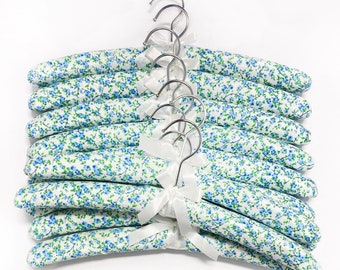 Beautiful Blue Floral Padded Clothes Hangers in Sets of 5 or 10 with the Bow Ribbon Detail, and a Swivel Hook by Florence Lilly