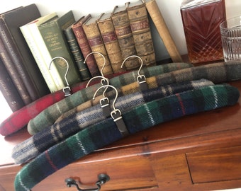 Gentlemens Hangers by BarnabyArnold ~ Classic Wool Tartan Padded Clothes Hangers with Leather Buckle Detail