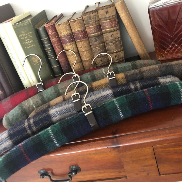 Gentlemens Hangers by BarnabyArnold ~ Classic Wool Tartan Padded Clothes Hangers with Leather Buckle Detail