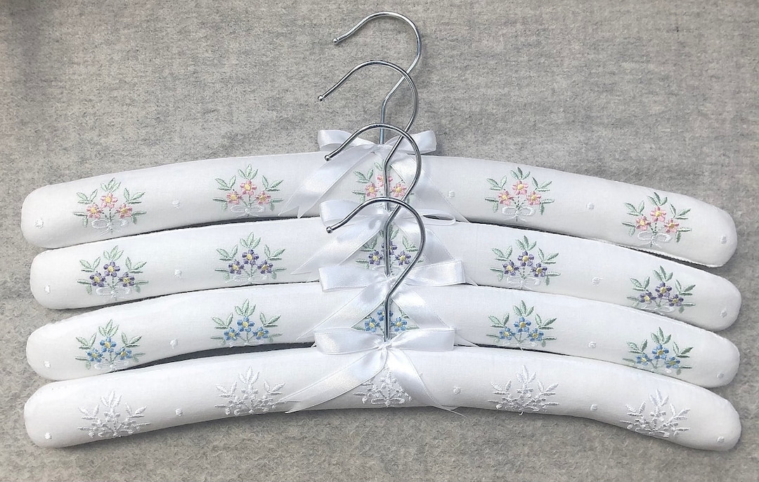 Blossom Embroidered Flower Padded Hangers, White, set of 4