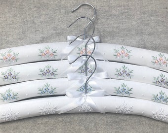 Embroidered Flower Padded Hangers - White Cotton Luxury Hangers - Set of 4