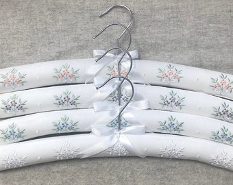 Blossom our Luxury Padded White Cotton Clothes Hangers with Beautiful Flower Embroidery - Pack of 4