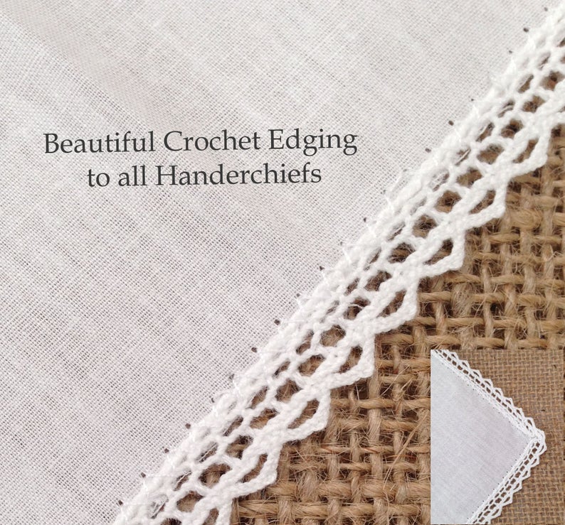 Gift Box of 5 Beautiful 100% Cotton Ladies Handkerchiefs with Fine Crochet Borders 3 Embroidered and 2 Plain Handkerchiefs in set. image 4