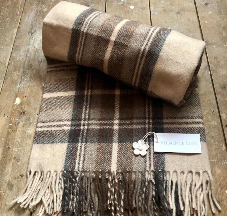 Recycled Wool Tartan Check Blankets, Throws by Florence Lilly Stewart Natural Dres