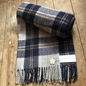 Recycled Wool Tartan Check Blankets, Throws by Florence Lilly Navy & Grey Check