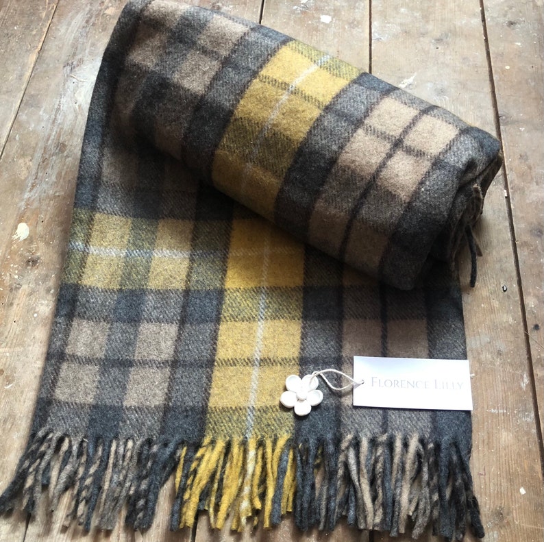 Recycled Wool Tartan Check Blankets, Throws by Florence Lilly Mustard Check