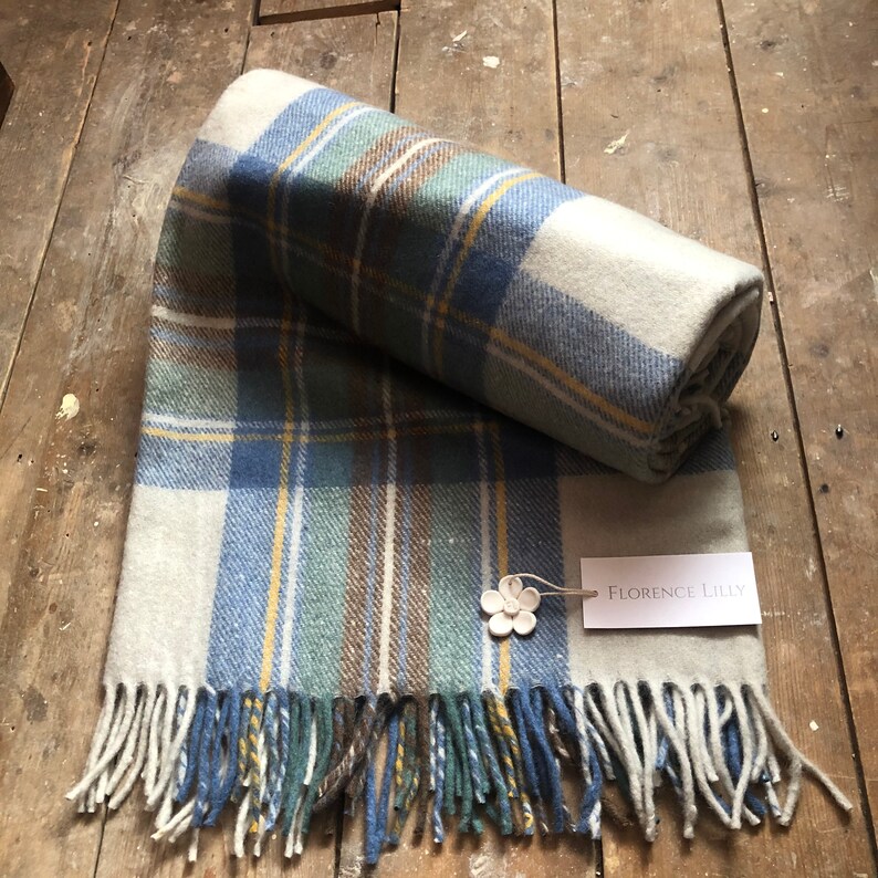 Recycled Wool Tartan Check Blankets, Throws by Florence Lilly Stewart Muted Blue