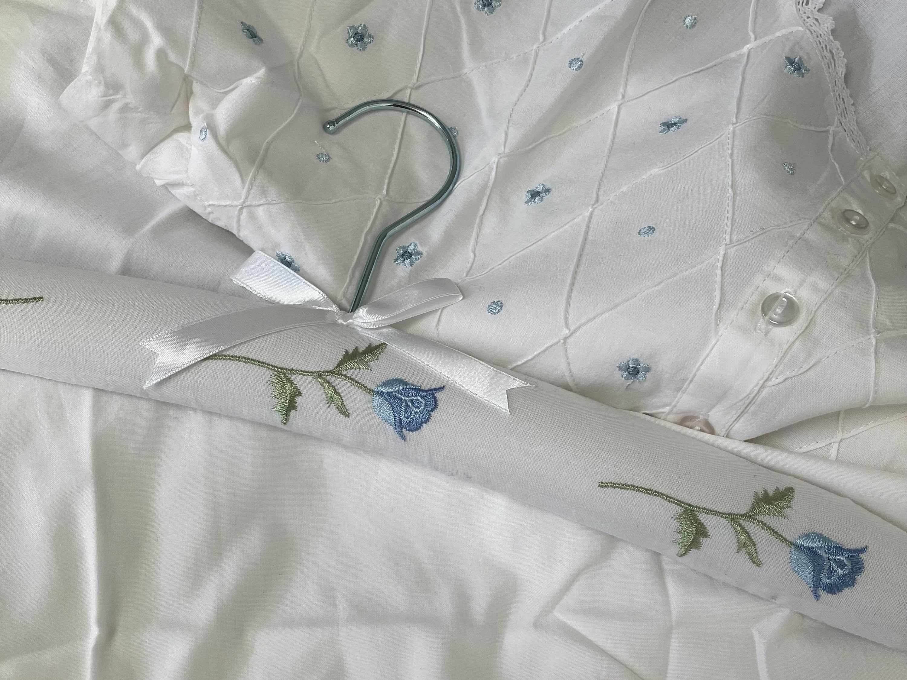 Blue Rose Embroidered Padded Clothes Hanger: Luxury White Cotton