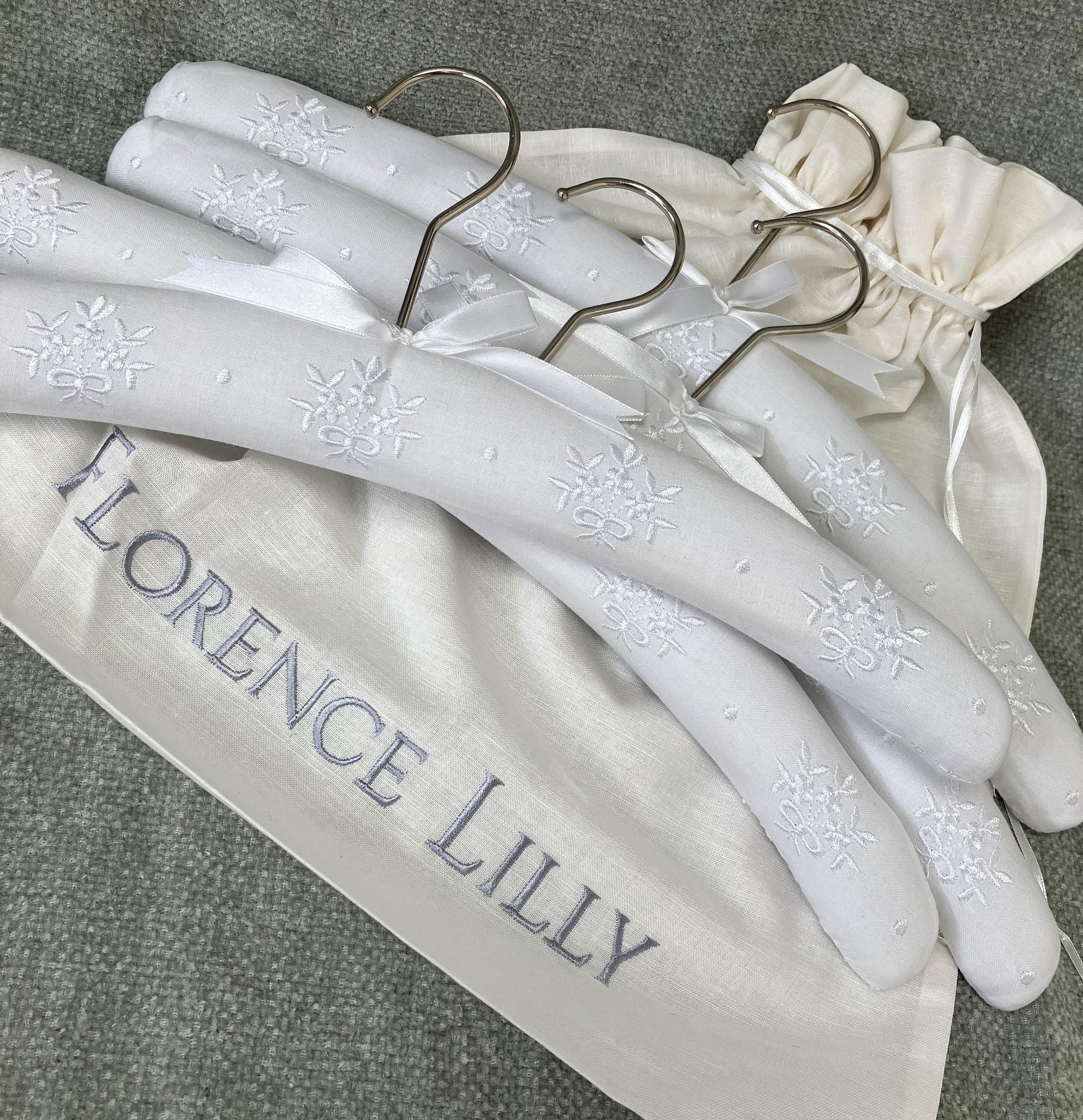 Luxury Padded Clothes Hangers: White Floral Embroidery, Cotton Hangers - Blossom