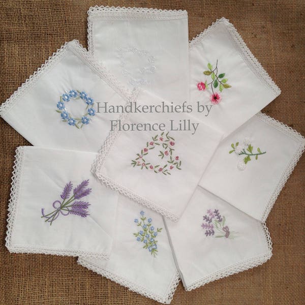 Gift Box of 5 Beautiful 100% Cotton Ladies Handkerchiefs with Fine Crochet Borders -  3 Embroidered and 2 Plain Handkerchiefs in set.