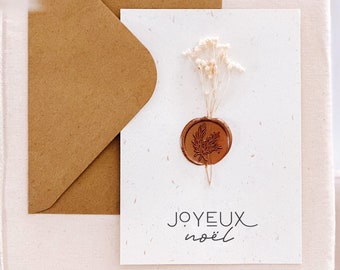 MERRY CHRISTMAS card, wax seal, dried flower, gift idea, dried flower card, Christmas gift idea, Christmas card, wishes, card made in France