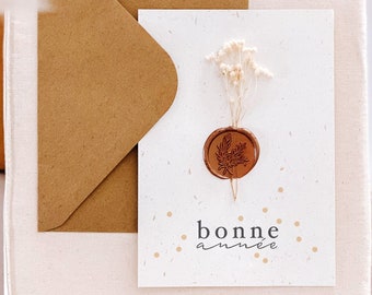 HAPPY NEW YEAR card, wax seal, dried flower, gift idea, dried flower card, Christmas gift idea, Christmas card, wishes, card made in France