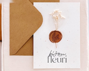 Flower kiss card, wax stamp, dried flower, gift idea, dried flower card, birthday gift idea, card made in france, mini flower