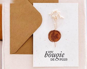 Card one more candle, wax stamp, dried flower, gift idea, dried flower card, birthday gift idea, card made in france, flowers