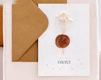 Carte merci, cachet cire, fleur séchée, idée cadeau, merci, carte fleur séchée, idée cadeau remerciement, carte made in france, mini fleur