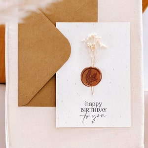 Tarjeta de feliz cumpleaños, sello de cera, flor seca, idea de regalo, tarjeta de flores secas, idea de regalo de cumpleaños, tarjeta hecha en Francia, mini flor imagen 1