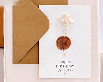 Happy birthday card, wax seal, dried flower, gift idea, dried flower card, birthday gift idea, card made in France, mini flower