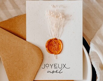 HAPPY CHRISTMAS card, wax stamp, dried flower, gift idea, dried flower card, Christmas gift idea, Christmas card, greetings, card made in france