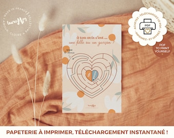 Carte labyrinthe, GARÇON, carte annonce, annonce bébé, carte postale, carte postale grossesse, future maman, gender reveal, fille ou garçon