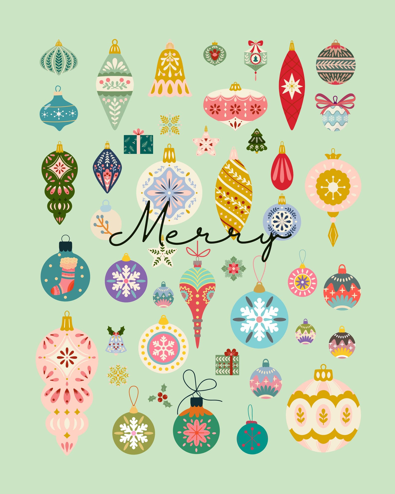 Merry Christmas Mid-century Ornament Print Png Transparent Print 8x10 ...