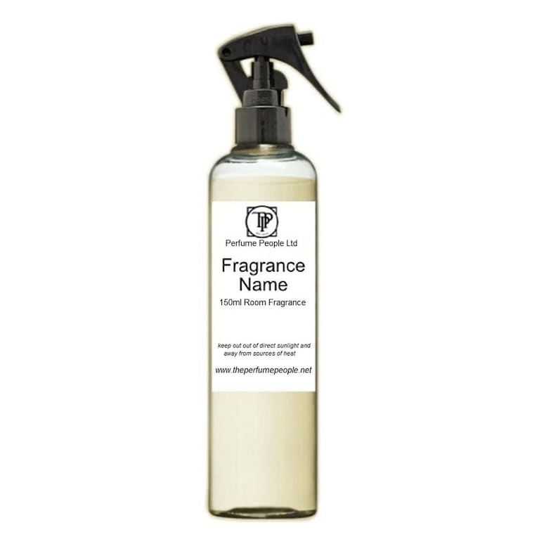 May include: A clear glass bottle with a black spray nozzle, containing a room fragrance. The label reads "TP Perfume People Ltd Fragrance Name 150ml Room Fragrance" and includes instructions to keep out of direct sunlight and away from sources of heat. The website address "www.theperfumepeople.net" is also printed on the label.