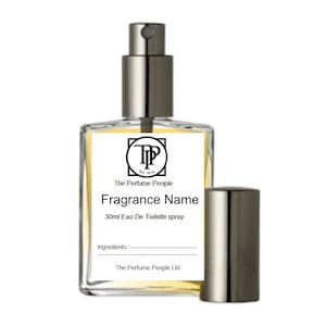 May include: A clear glass bottle with a silver spray top and a label that reads "The Perfume People Est. 2014" and "Fragrance Name 30ml Eau De Toilette spray". The label also includes the text "Ingredients: The Perfume People Ltd".