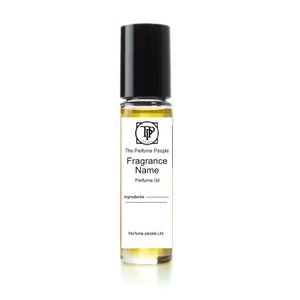 May include: A clear glass bottle with a black cap and a white label. The label says "The Perfume People" and "Fragrance Name" in black text. The label also says "Perfume Oil" and "Ingredients:________" in smaller black text. The bottom of the label says "Perfume people Ltd".