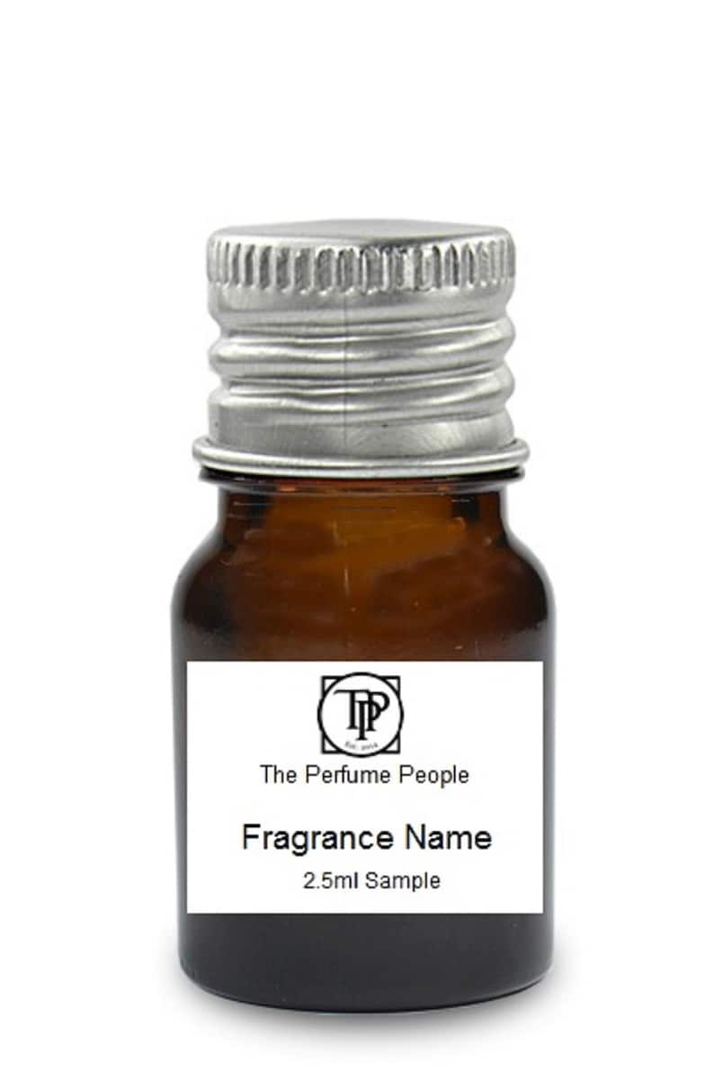 May include: A small brown glass bottle with a silver lid. The bottle has a white label with black text that reads "The Perfume People" and "Fragrance Name". The label also includes the text "2.5ml Sample".