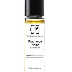May include: A small perfume oil bottle with a black cap and a white label. The label features the text "The Perfume People", "Fragrance Name", and "Perfume Oil". The bottle contains a yellow liquid.