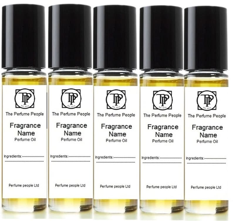 May include: Five small glass bottles with black caps and white labels. Each bottle contains a yellow liquid and has the text "The Perfume People" and "Fragrance Name" on the label. The text "Perfume Oil" is also on the label.