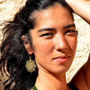 Mandala Flower Filigree Indian earrings, Brass Ethnic Hoops