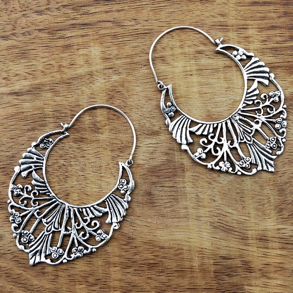 Large Gypsy Hoop Earrings, Silver Oval Earrings, Boho Earrings, Tribal Earrings, Filigree Earrings, Vintage Style