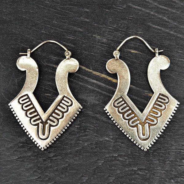 Boucles d’oreilles mexicaines antiques style, Boucles d’oreilles aztèques en argent, Poids d’oreilles tribaux pour femmes