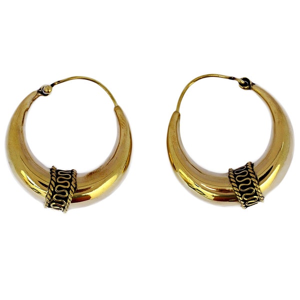 Gold Indian Hoops, Tribal Brass Creoles, Medium Size, Festival Jewelry