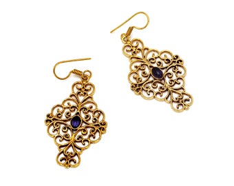 Amethyst Gold Vintage Earrings, Filigree Dangly Earrings, Elegant Art Nouveau Style