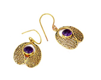 Boucles d’oreilles filiggrées d’or avec pierre d’améthyste, cadeau élégant, bijoux indiens