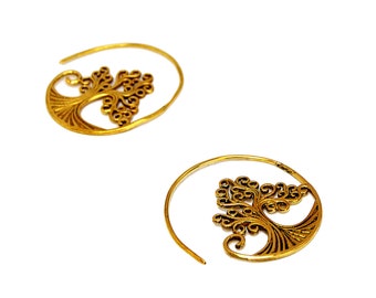 Tree of Life Earrings Gold Earrings, Ethnic Hoop Earrings, Loop Earrings for Yogi
