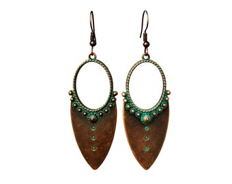Tuareg Earrings, Ethnic Moroccan Drop Earrings, Antique Copper Hoops, Verdigris, Berber Jewelry