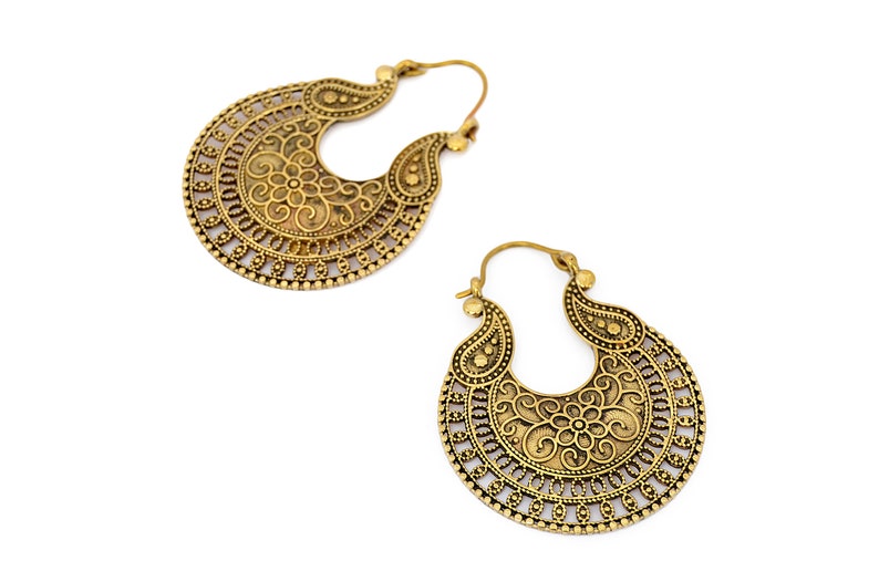 Gold Indian Tribe Earrings Brass Hoops With Floral Design Etsy