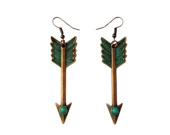 Pendientes Boho Arrow, Pendientes Dangly Turquesa, Pátina Verdigris, Pendientes Antiguos de Cobre, Joyas De Espíritu Libre