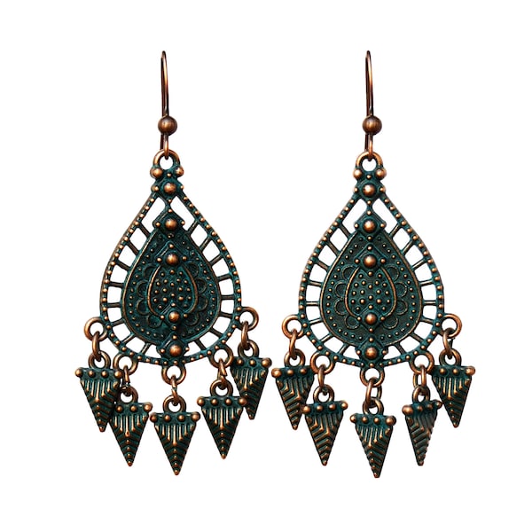 Vintage Oriental Earrings, Verdigris Gypsy Earrings, Green Patina Cooper Earrings, Ethnic Drop Earrings, Bohemian Jewelry