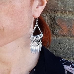 Silver Spike Chandelier Earrings, Boho Dangle Earrings with Charms, Gothic Style