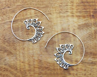 Ethnic Floral Spiral Earrings, Silver Creole Earrings, Bohemian Hoop Earrings