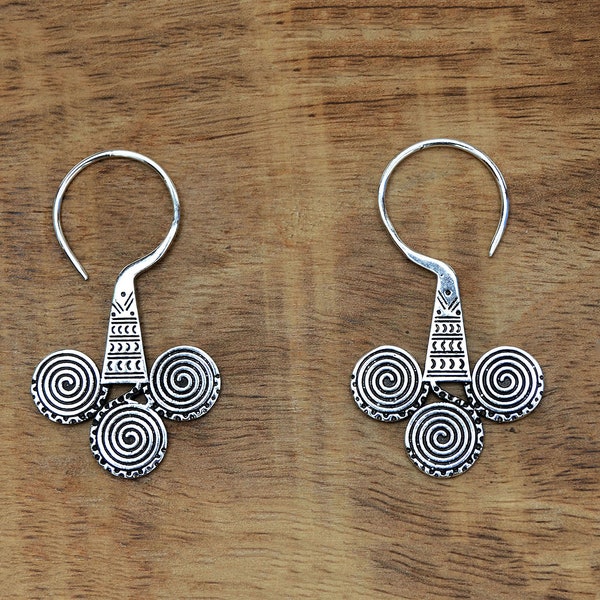 Tribal Ethnic Earrings, Silver Aztec Earrings Gauge