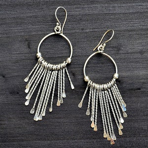 Bohemian Fringe Hoop Earrings, Silver Hanging Creole Hoops